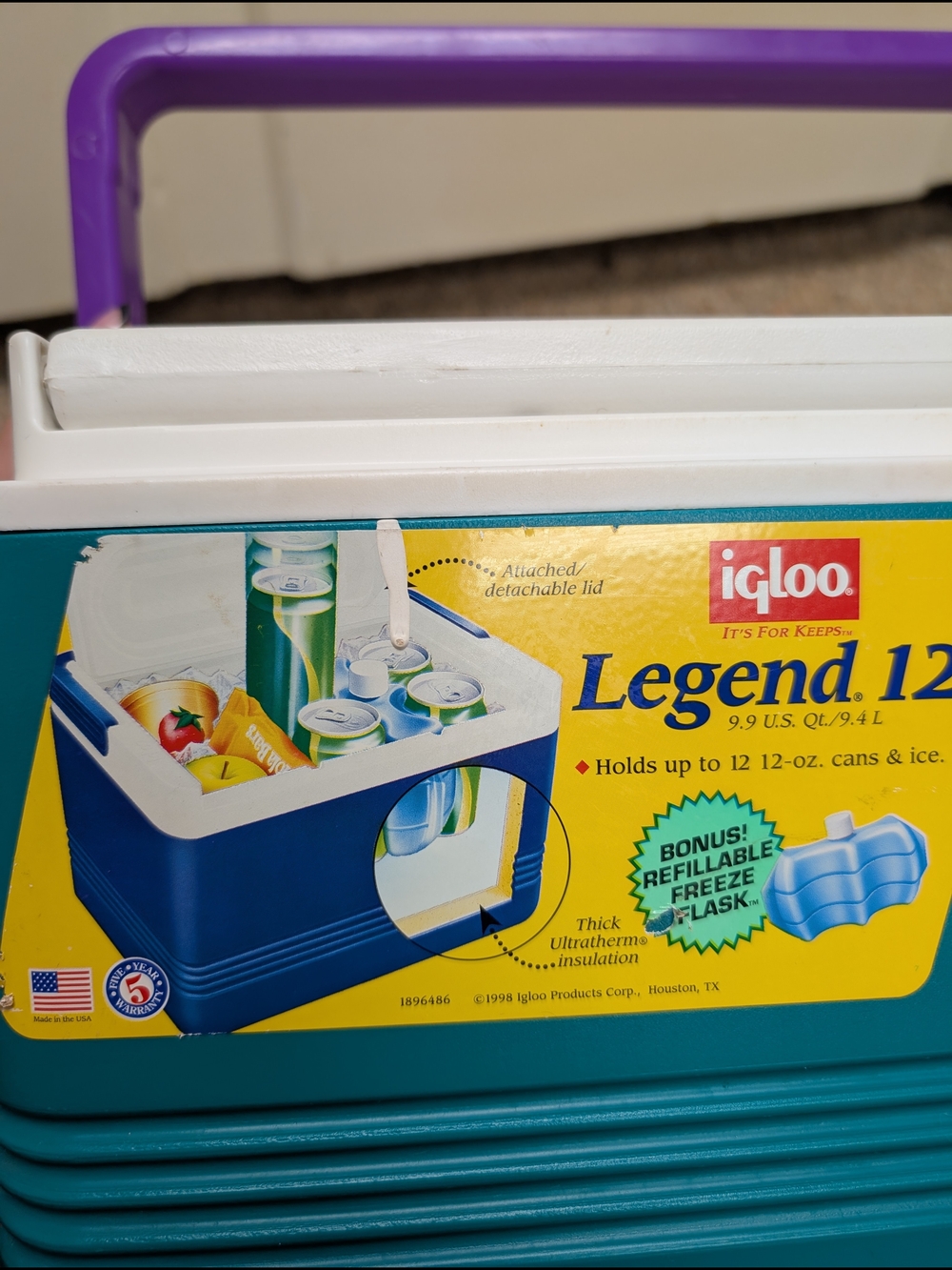 Vintage 90s Igloo Legend 12 Can Cooler With Teal Body & Purple Handle